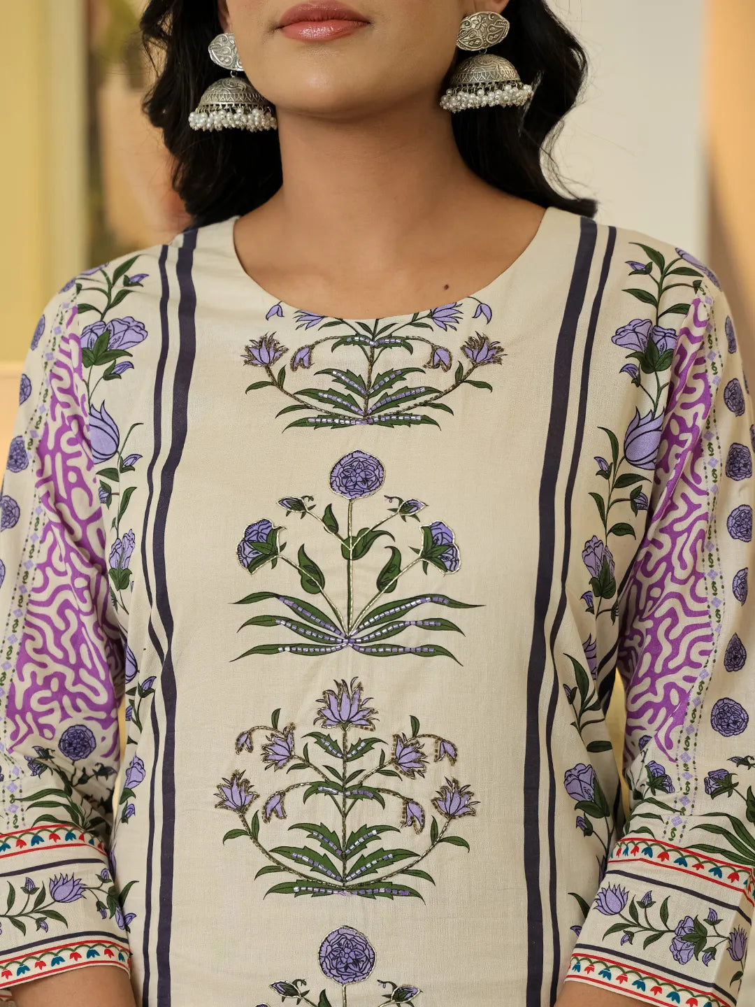 Yufta Yellow Cotton Straight Floral Print Beads And Stones Kurta Dupatta Set | Grocsy