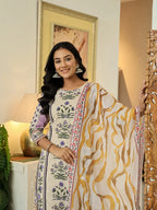Yufta Yellow Cotton Straight Floral Print Beads And Stones Kurta Dupatta Set | Grocsy