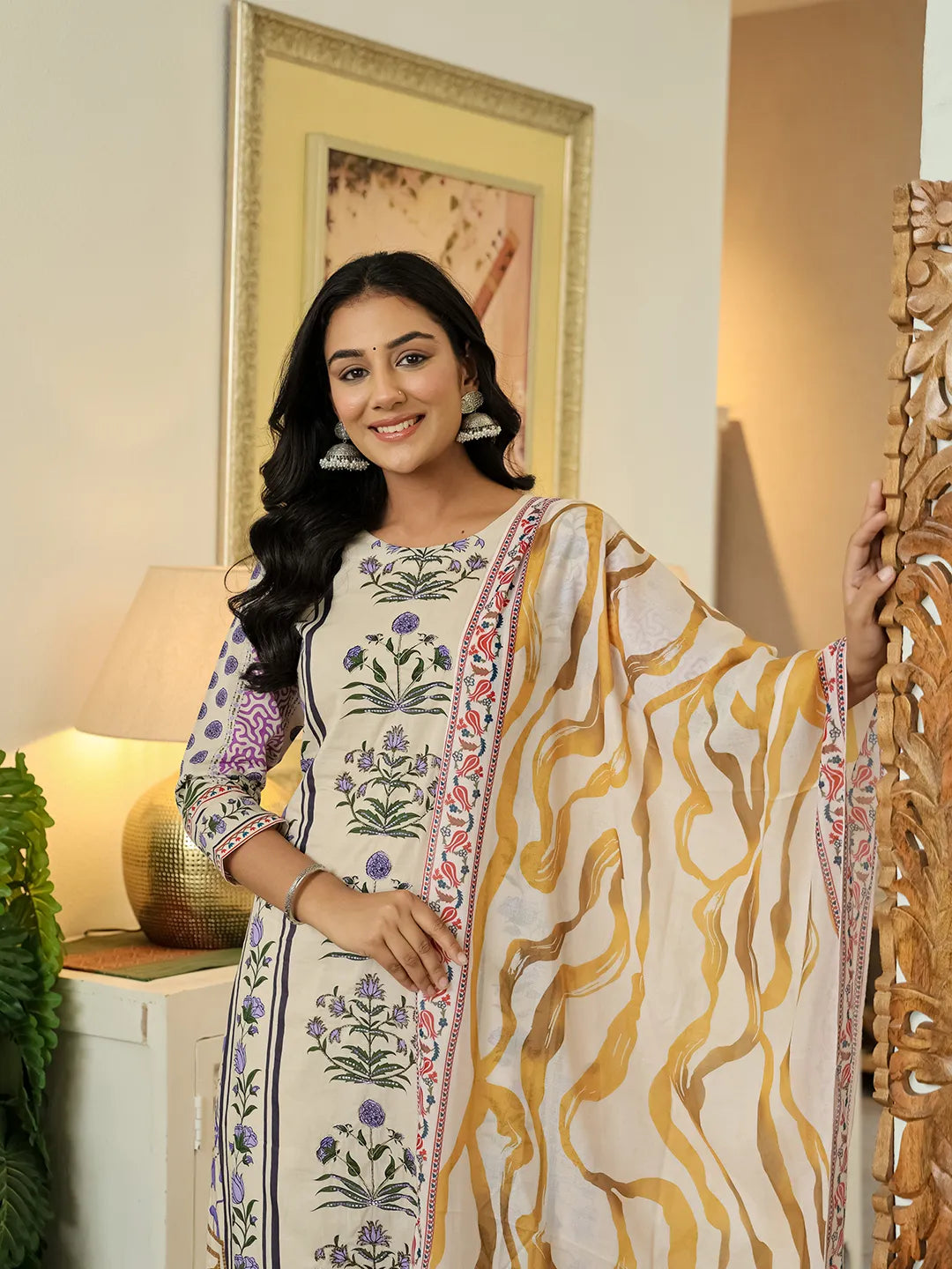 Yufta Yellow Cotton Straight Floral Print Beads And Stones Kurta Dupatta Set | Grocsy