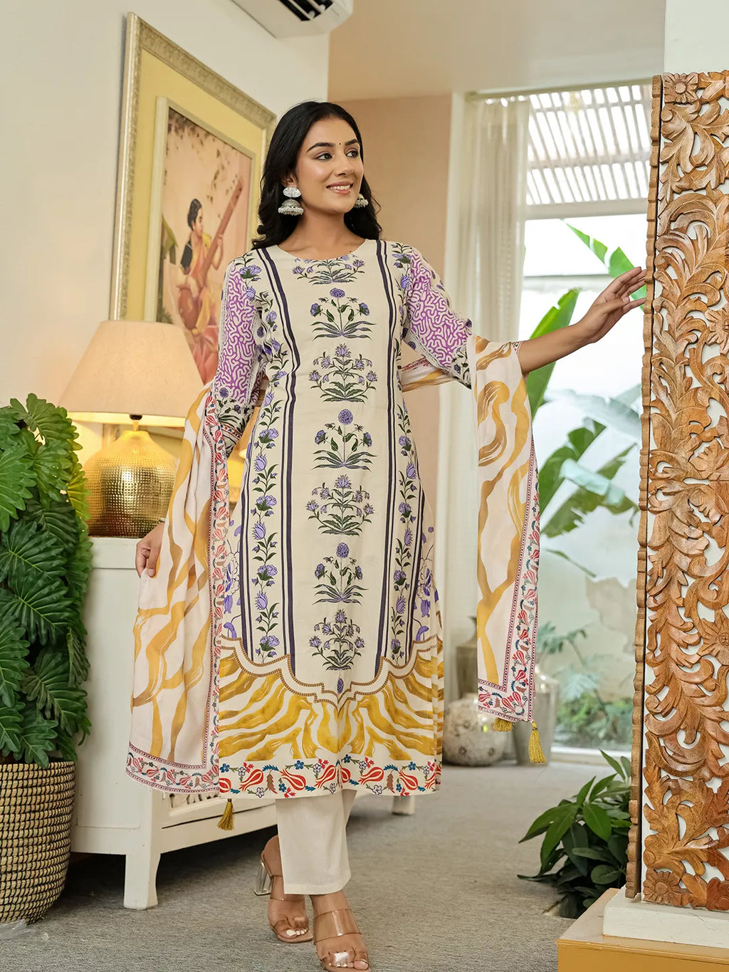 Yufta Yellow Cotton Straight Floral Print Beads And Stones Kurta Dupatta Set | Grocsy