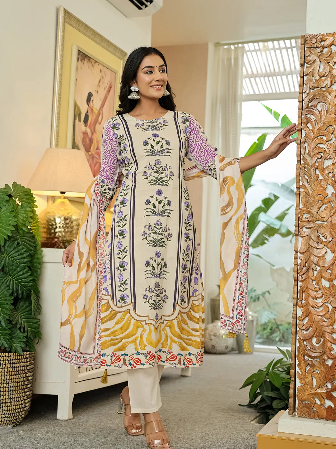 Yufta Yellow Cotton Straight Floral Print Beads And Stones Kurta Dupatta Set | Grocsy