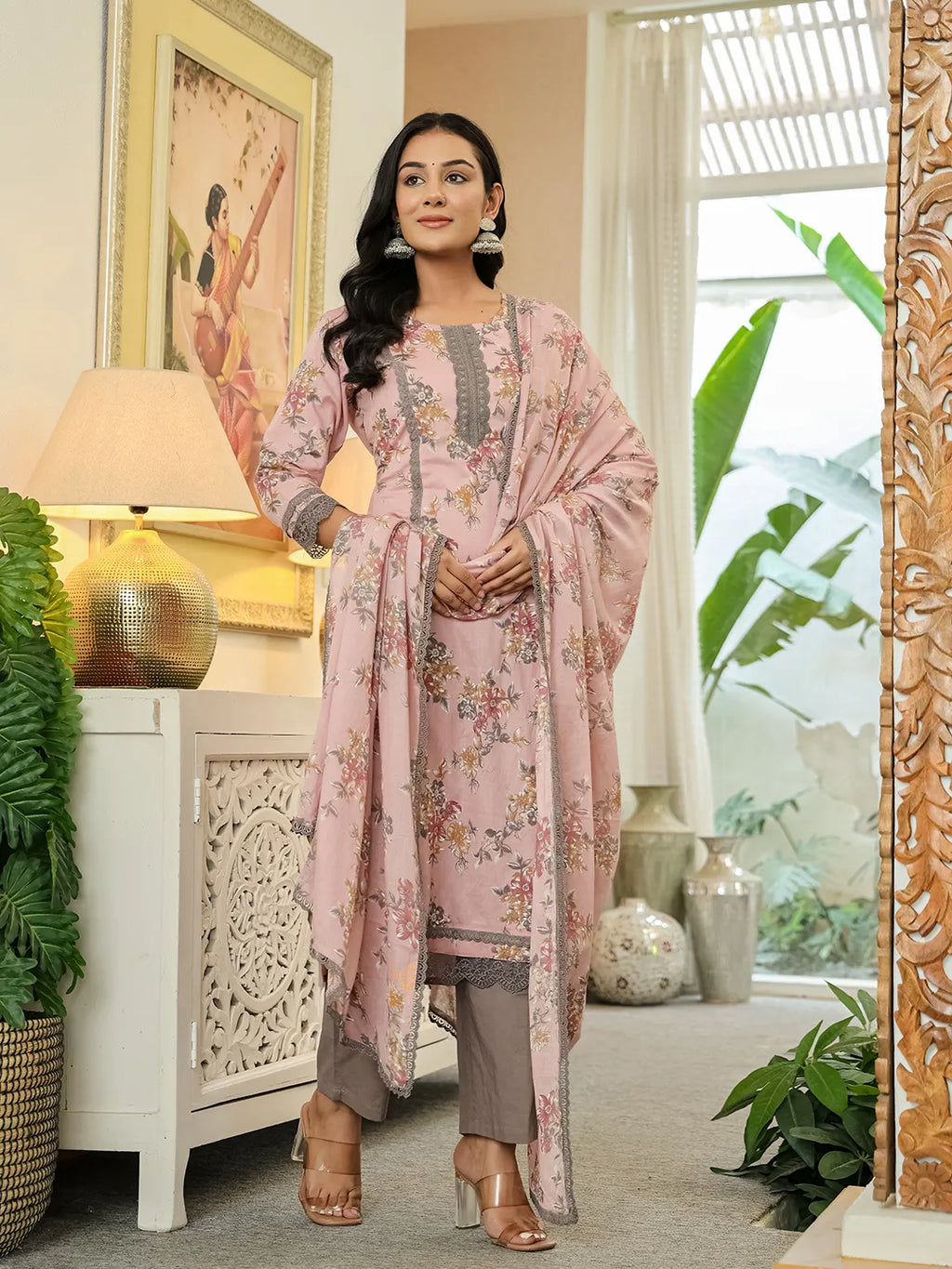 Yufta Pink Cotton Straight Lace Work Kurta Dupatta Set | Grocsy