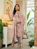 Yufta Pink Cotton Straight Lace Work Kurta Dupatta Set | Grocsy