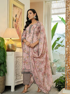 Yufta Pink Cotton Straight Lace Work Kurta Dupatta Set | Grocsy