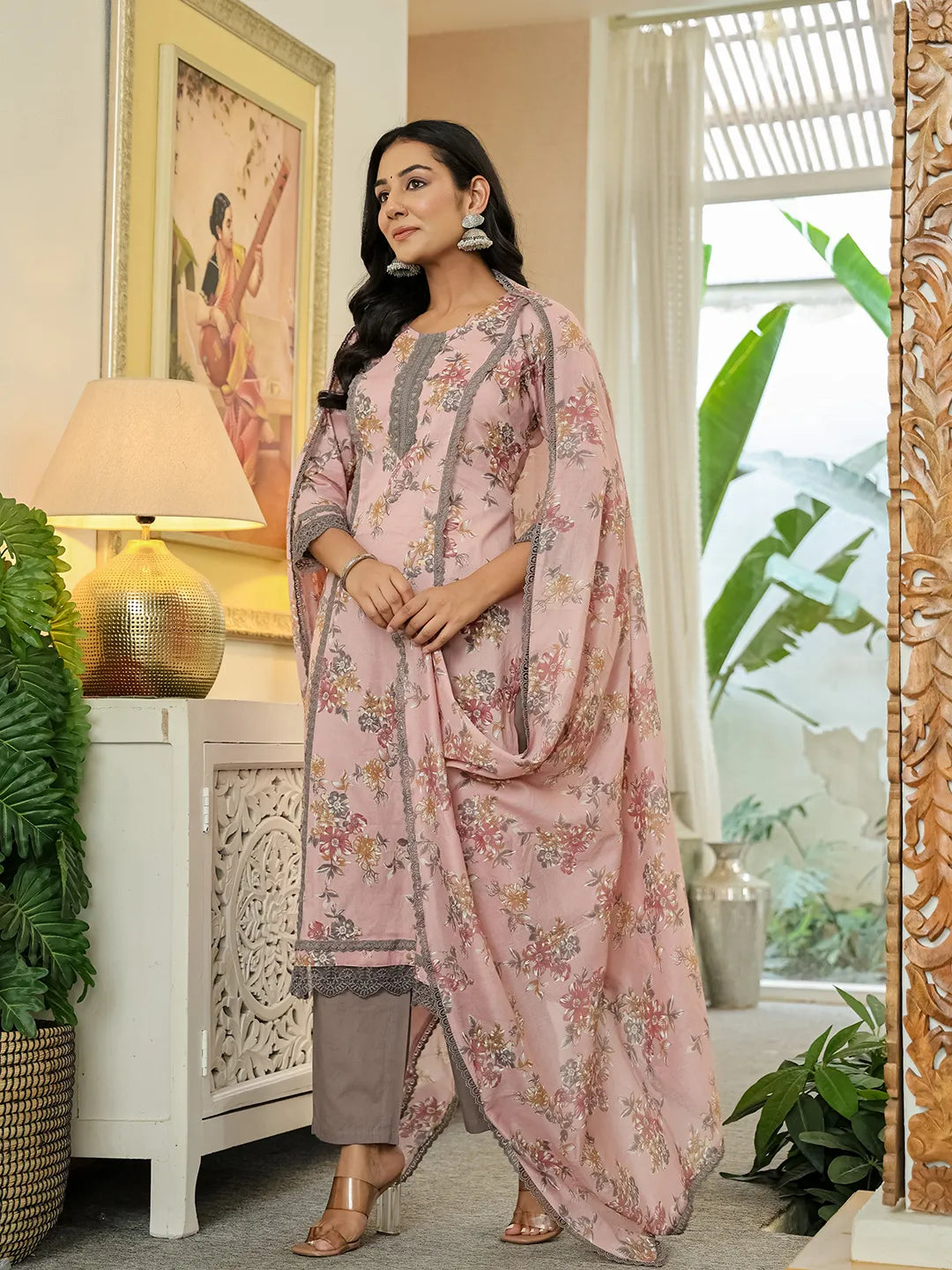 Yufta Pink Cotton Straight Lace Work Kurta Dupatta Set | Grocsy