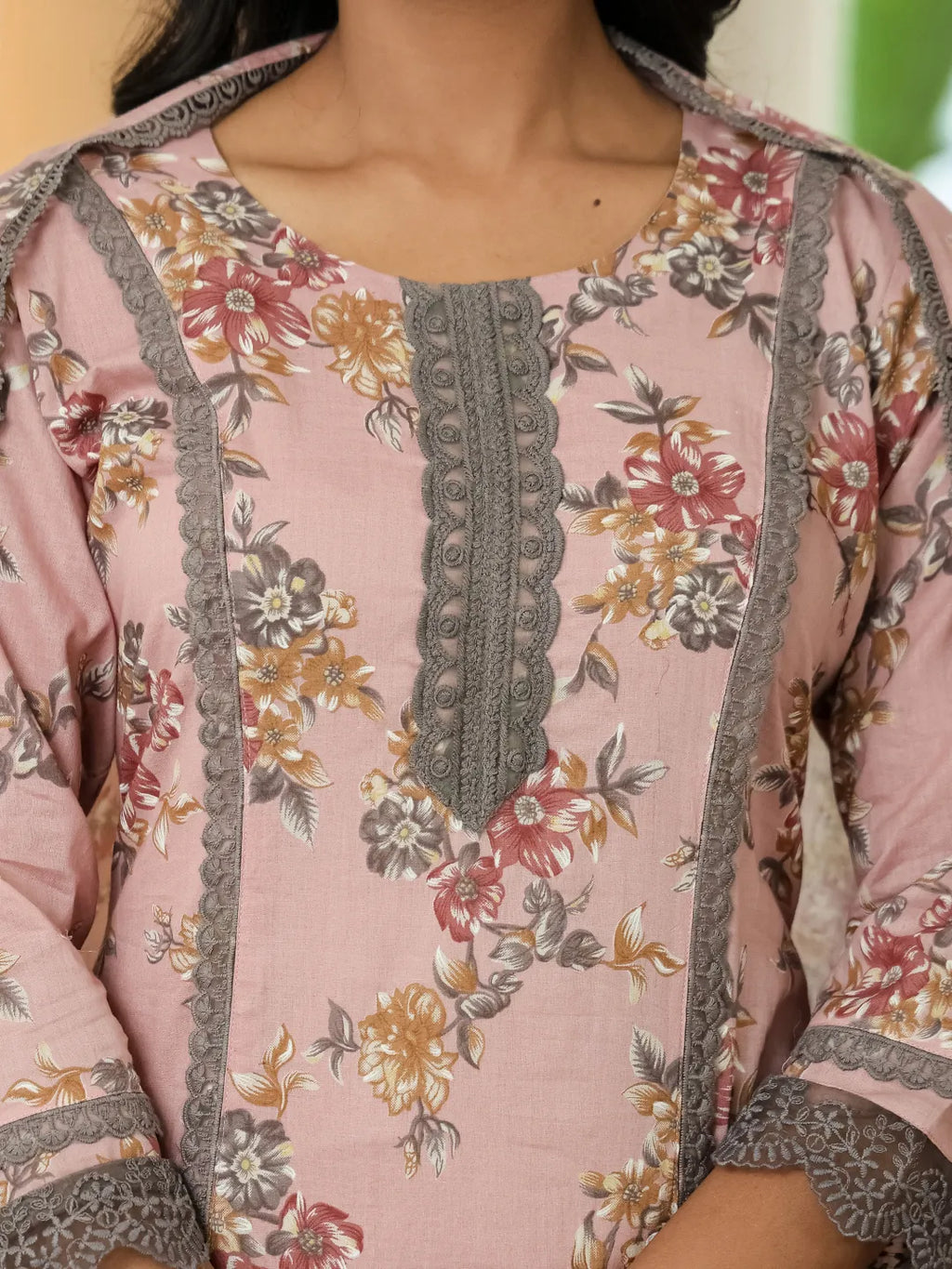 Yufta Pink Cotton Straight Lace Work Kurta Dupatta Set | Grocsy