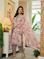Yufta Pink Cotton Straight Lace Work Kurta Dupatta Set | Grocsy