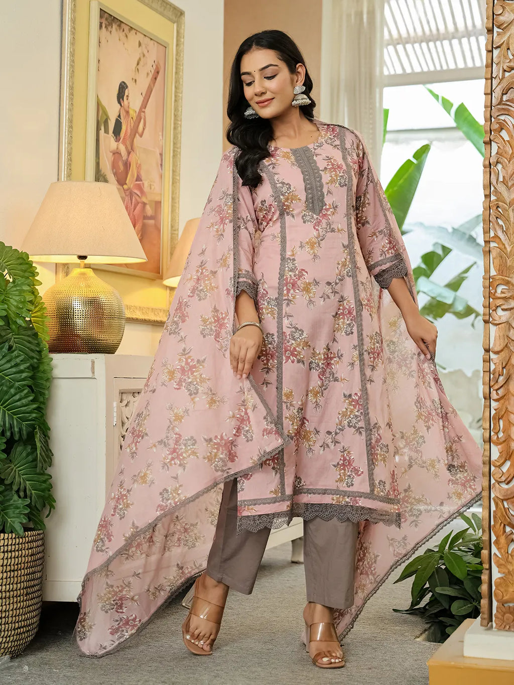 Yufta Pink Cotton Straight Lace Work Kurta Dupatta Set | Grocsy