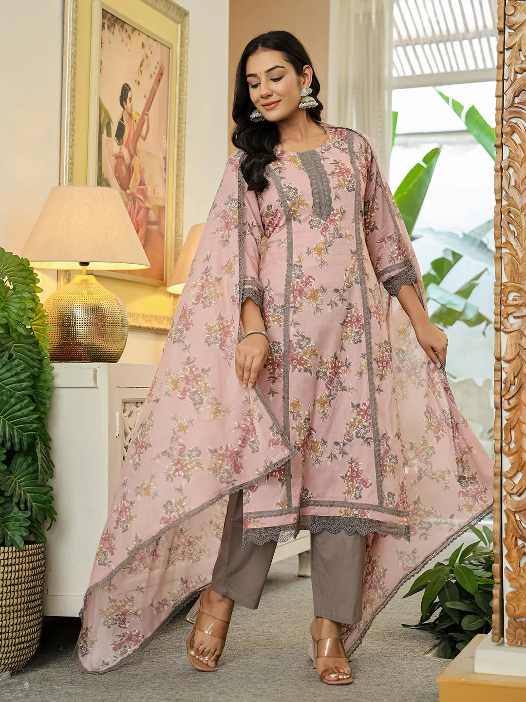 Yufta Pink Cotton Straight Lace Work Kurta Dupatta Set | Grocsy