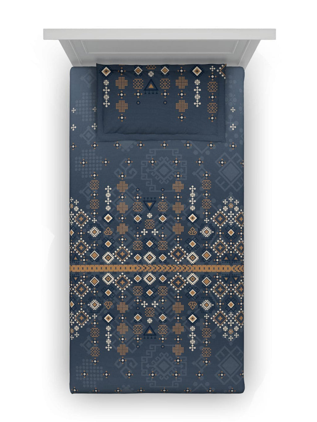 DDecor Blue & Brown Ethnic Motifs Cotton 150 TC Single Bedsheet with 1 Pillow Cover | Grocsy