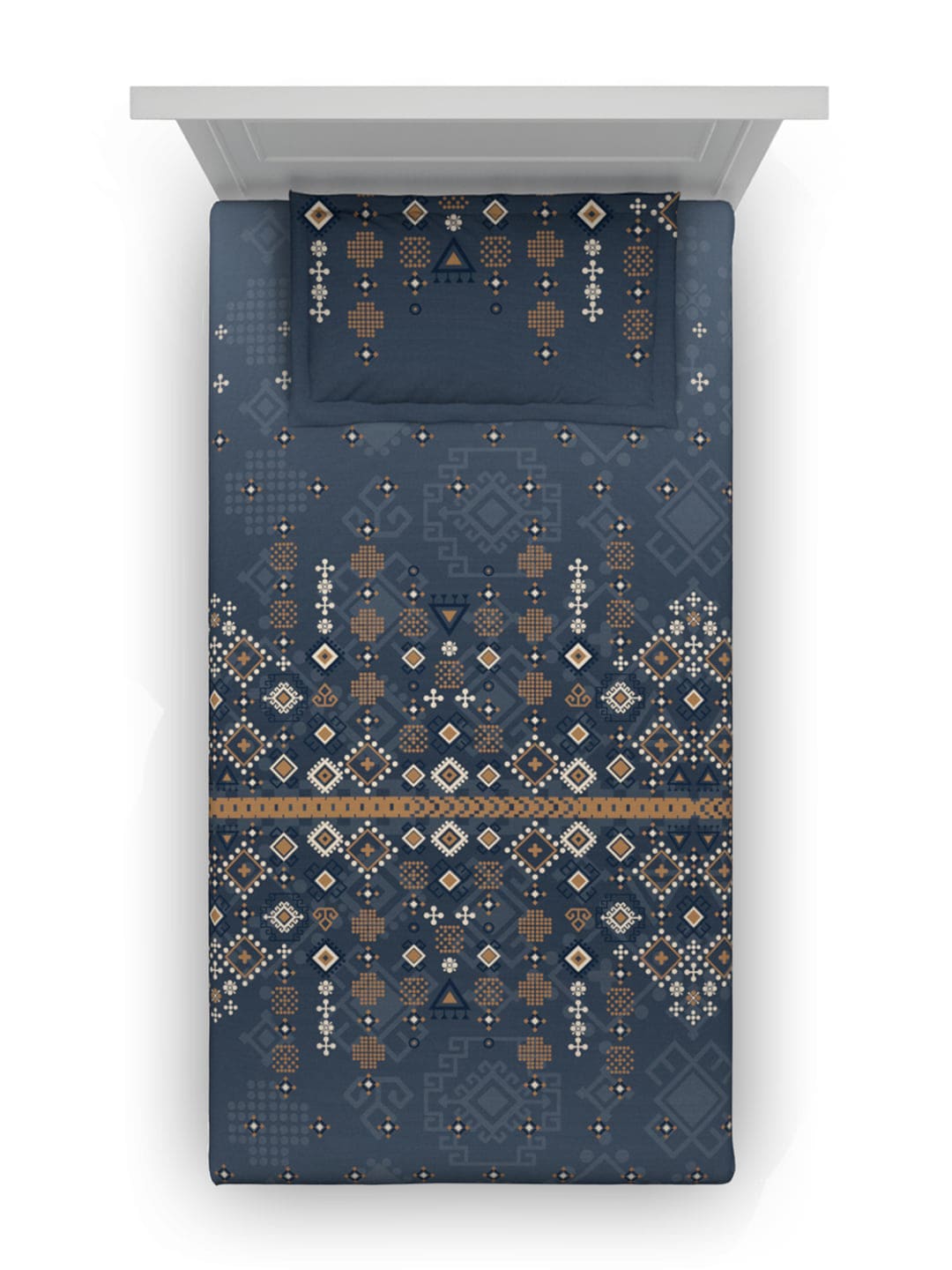 DDecor Blue & Brown Ethnic Motifs Cotton 150 TC Single Bedsheet with 1 Pillow Cover | Grocsy