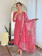 The52 Women's Chanderi Embroidery work Straight Kurta with Pant and Dupatta Set | Grocsy