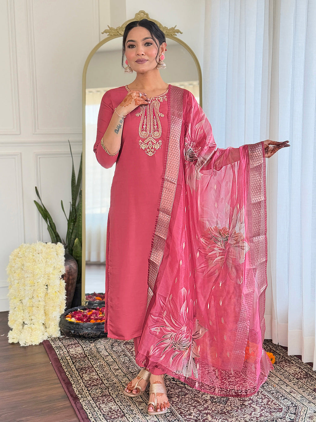 The52 Women's Chanderi Embroidery work Straight Kurta with Pant and Dupatta Set | Grocsy