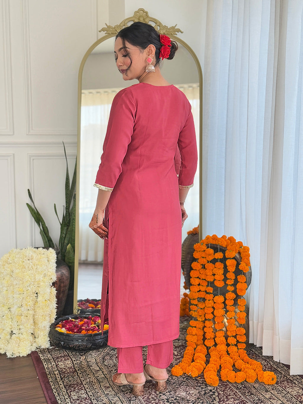 The52 Women's Chanderi Embroidery work Straight Kurta with Pant and Dupatta Set | Grocsy