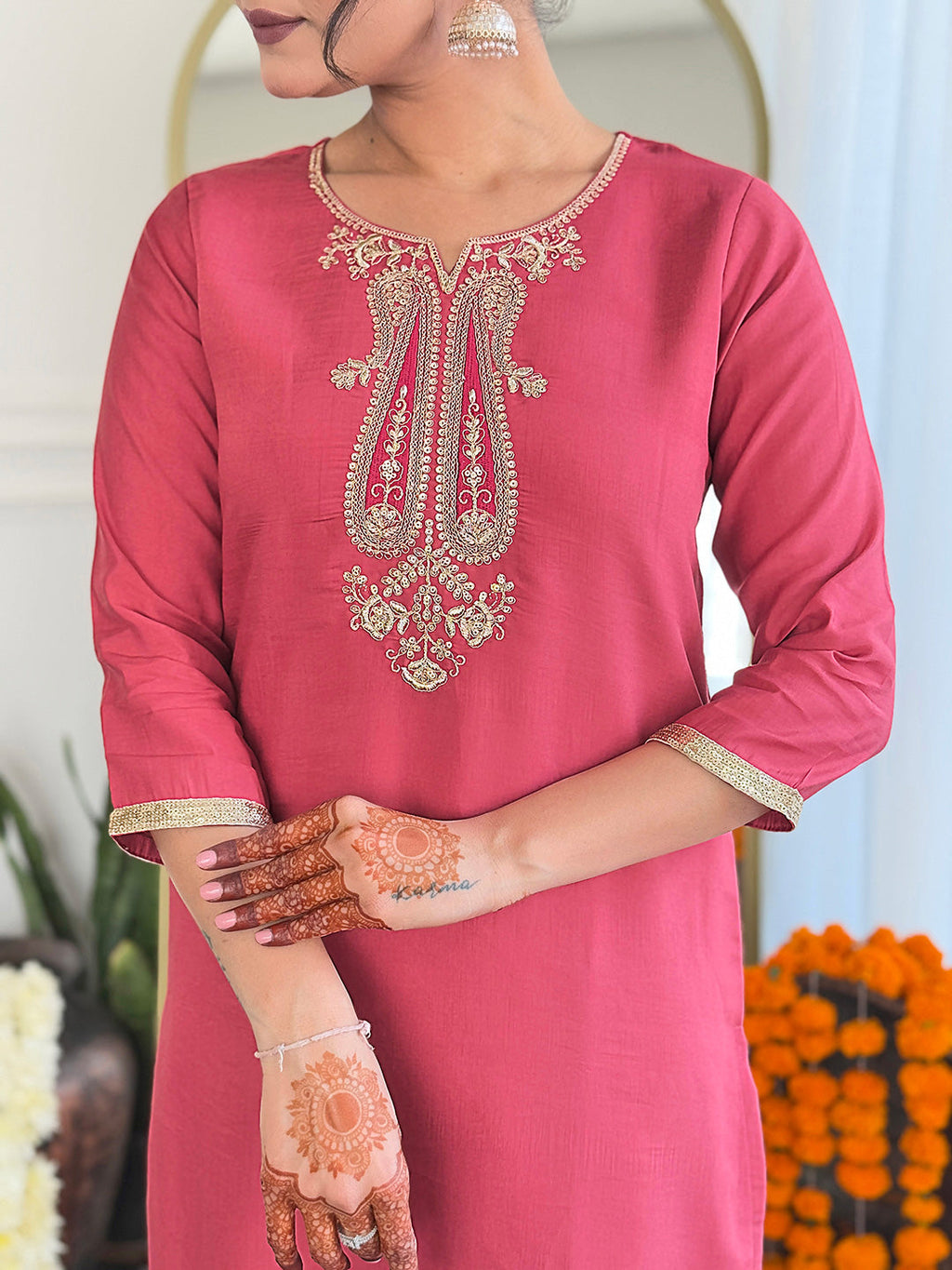 The52 Women's Chanderi Embroidery work Straight Kurta with Pant and Dupatta Set | Grocsy