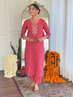 The52 Women's Chanderi Embroidery work Straight Kurta with Pant and Dupatta Set | Grocsy