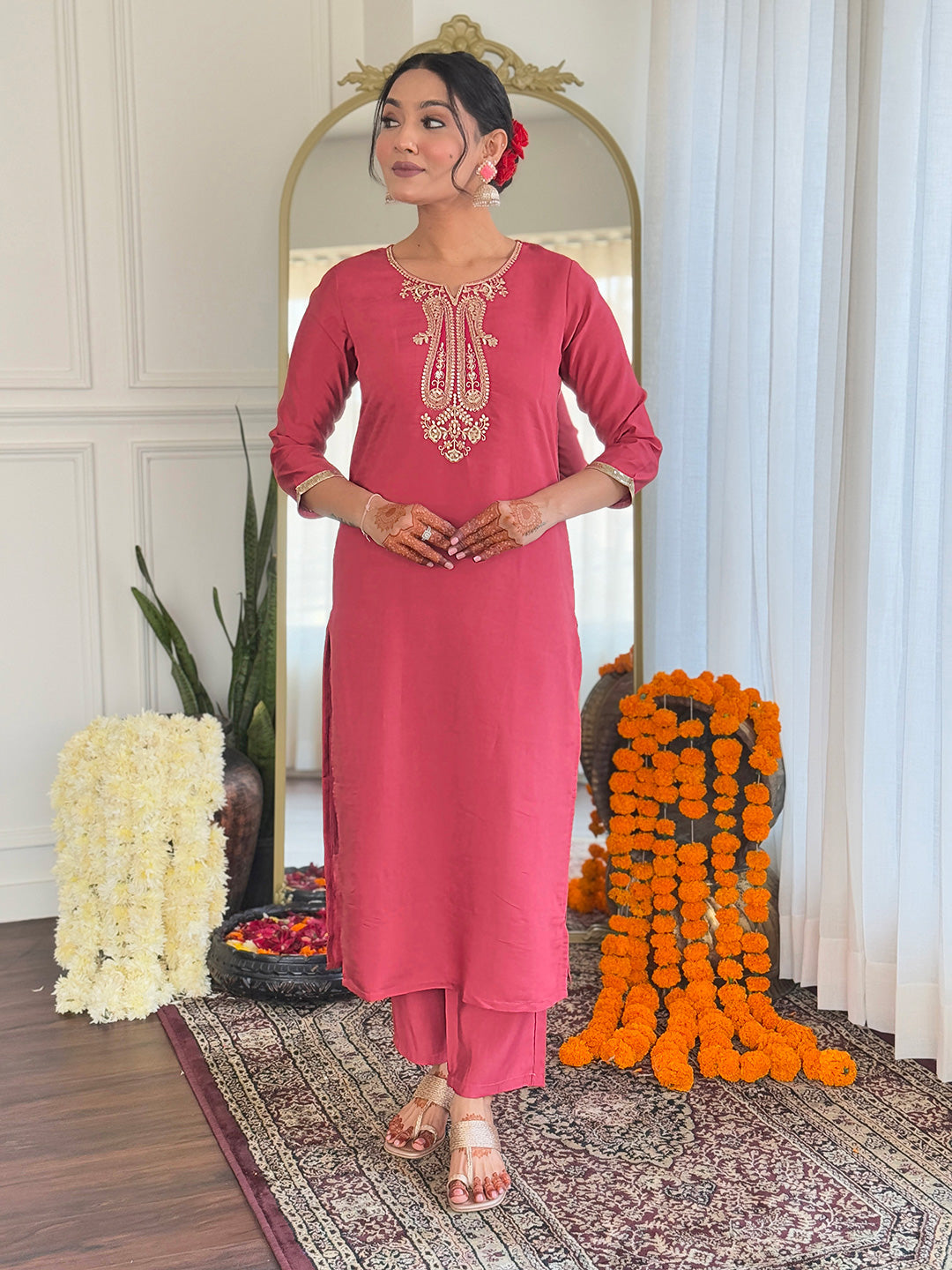 The52 Women's Chanderi Embroidery work Straight Kurta with Pant and Dupatta Set | Grocsy