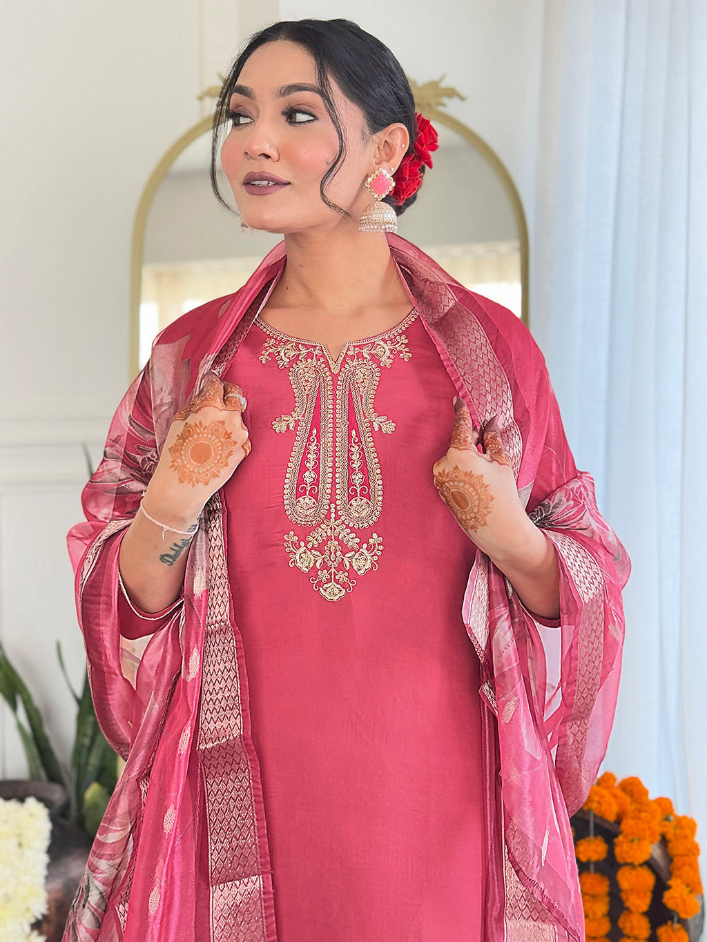 The52 Women's Chanderi Embroidery work Straight Kurta with Pant and Dupatta Set | Grocsy