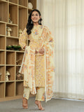 Yufta Yellow Cotton Straight Floral Sequins-Work Kurta Dupatta Set | Grocsy