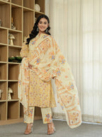 Yufta Yellow Cotton Straight Floral Sequins-Work Kurta Dupatta Set | Grocsy
