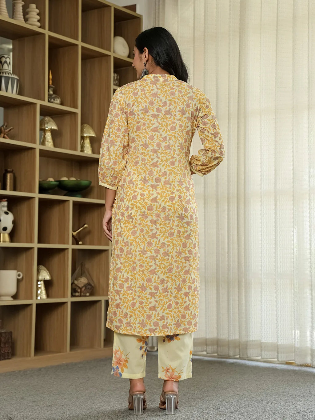 Yufta Yellow Cotton Straight Floral Sequins-Work Kurta Dupatta Set | Grocsy