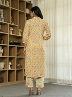 Yufta Yellow Cotton Straight Floral Sequins-Work Kurta Dupatta Set | Grocsy