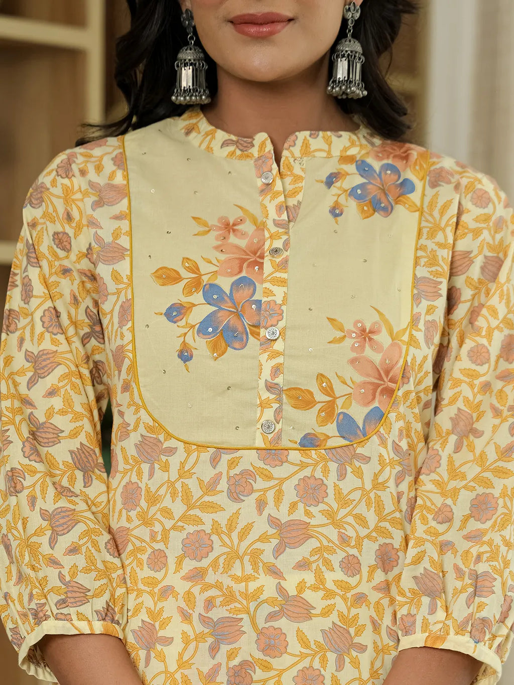 Yufta Yellow Cotton Straight Floral Sequins-Work Kurta Dupatta Set | Grocsy
