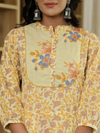 Yufta Yellow Cotton Straight Floral Sequins-Work Kurta Dupatta Set | Grocsy