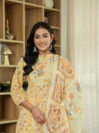Yufta Yellow Cotton Straight Floral Sequins-Work Kurta Dupatta Set | Grocsy