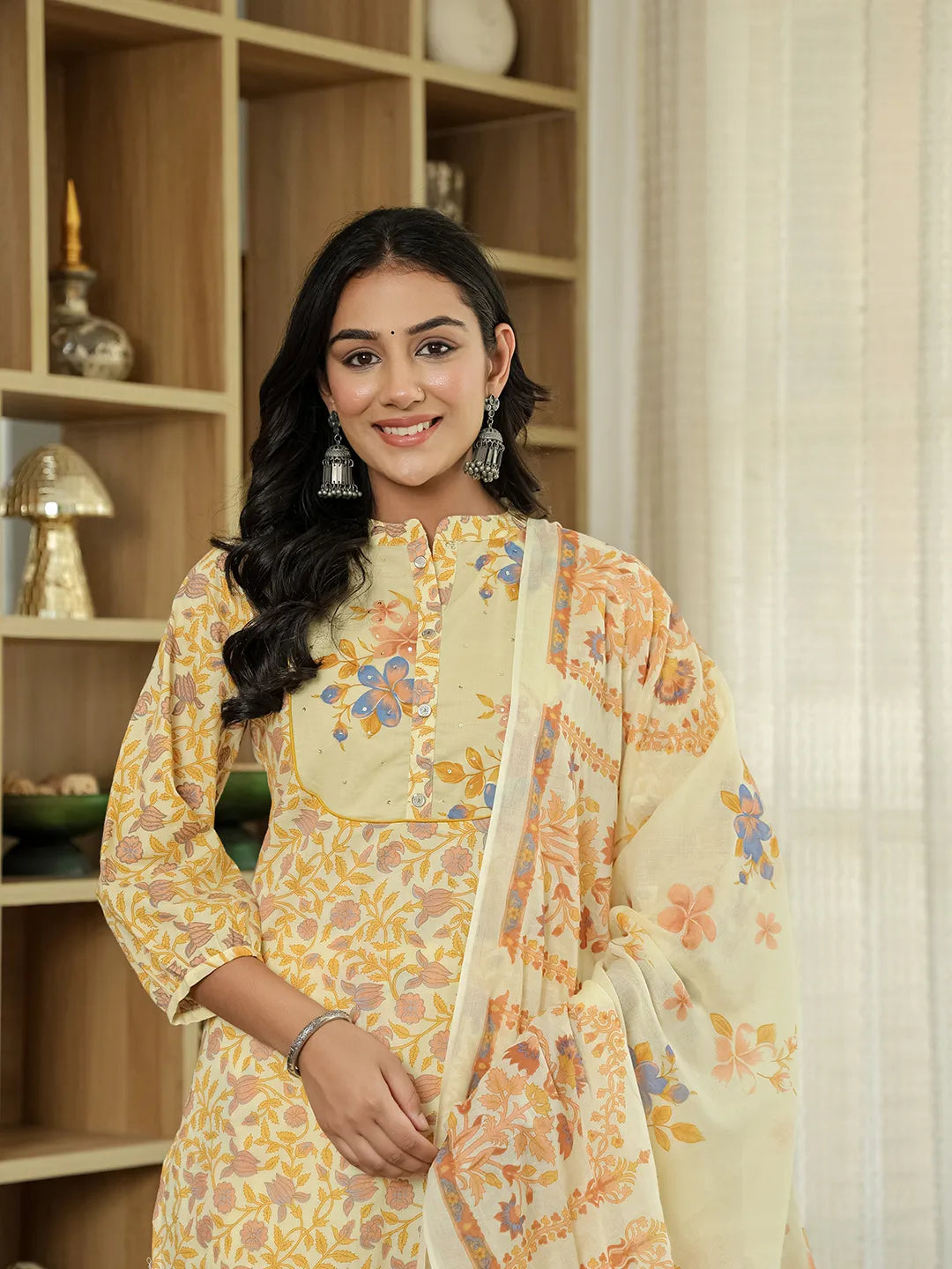Yufta Yellow Cotton Straight Floral Sequins-Work Kurta Dupatta Set | Grocsy