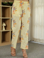 Yufta Yellow Cotton Straight Floral Sequins-Work Kurta Dupatta Set | Grocsy