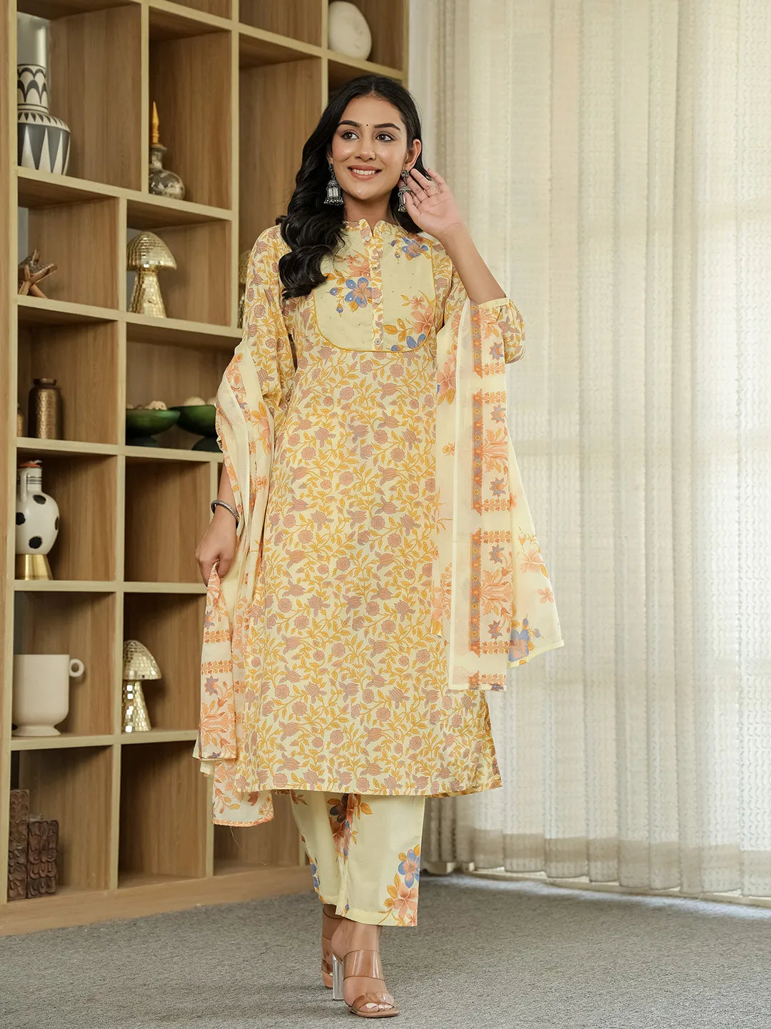 Yufta Yellow Cotton Straight Floral Sequins-Work Kurta Dupatta Set | Grocsy
