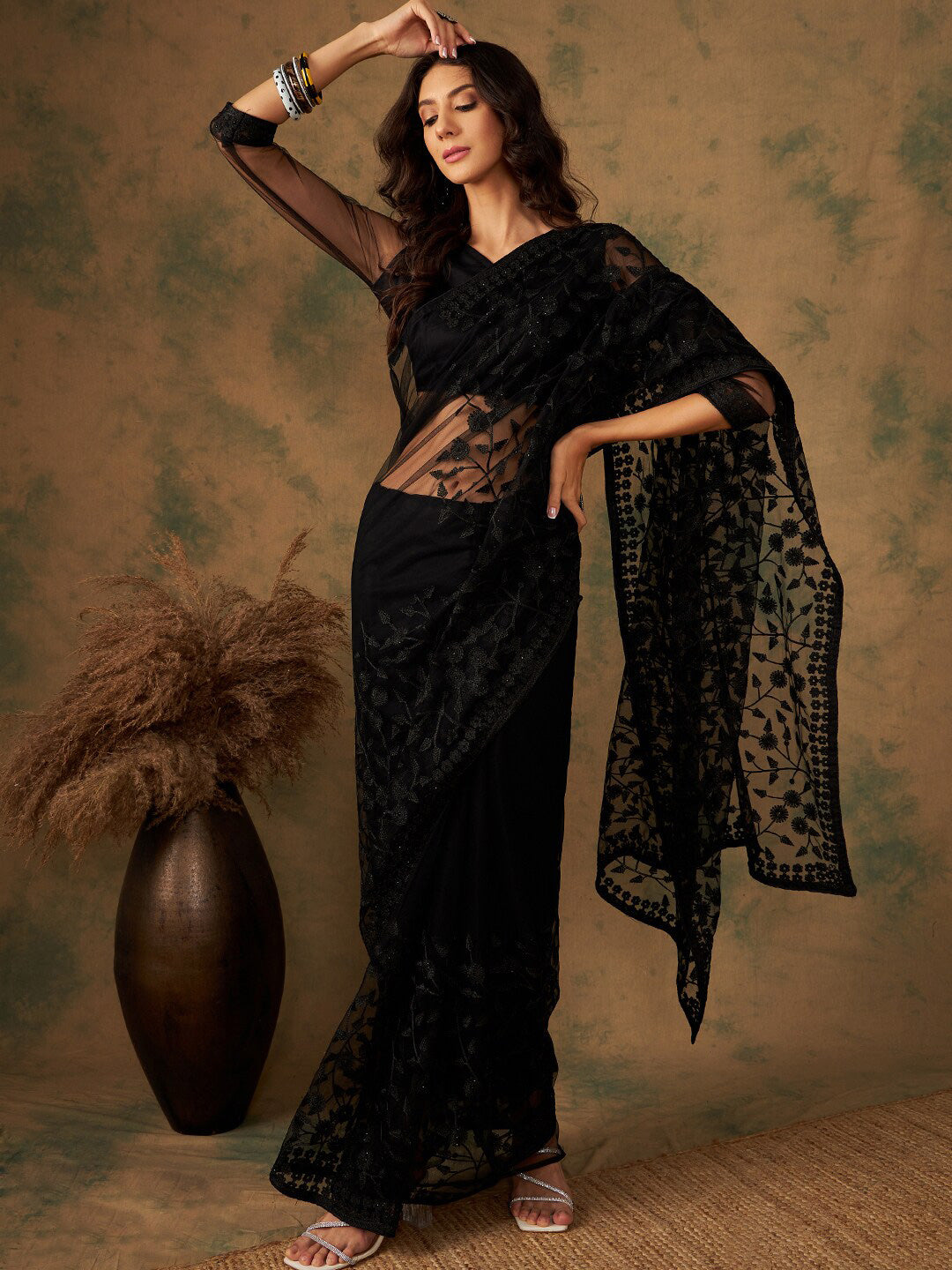 Sangria Floral Embroidered Net Saree | Grocsy