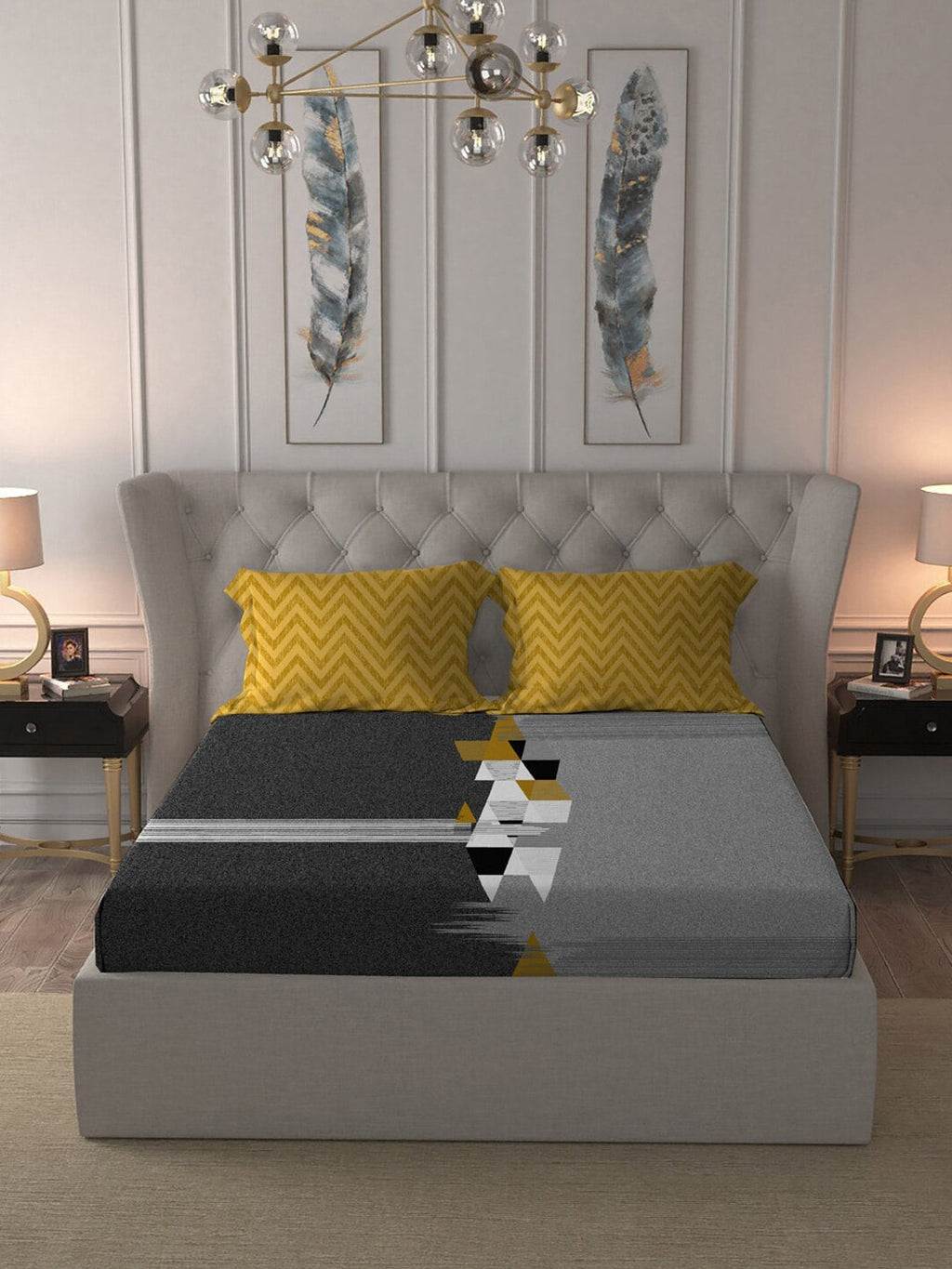MYTRIDENT Grey Melange White Geometric Cotton 144 TC Queen Bedsheet With 2 Pillow Covers | Grocsy
