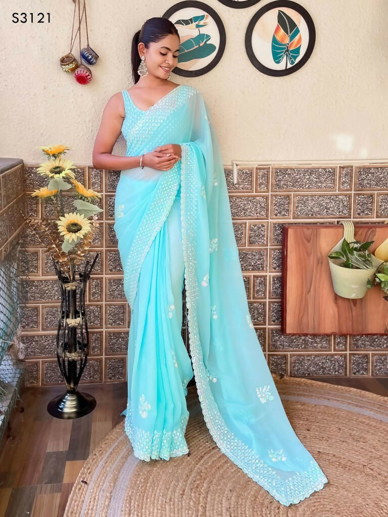 Sky Blue Georgette Sequence Embroidery Cut Work Saree - Saadia | Grocsy