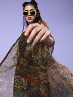 InWeave Black - Multi Print Organza Cape Set | Grocsy