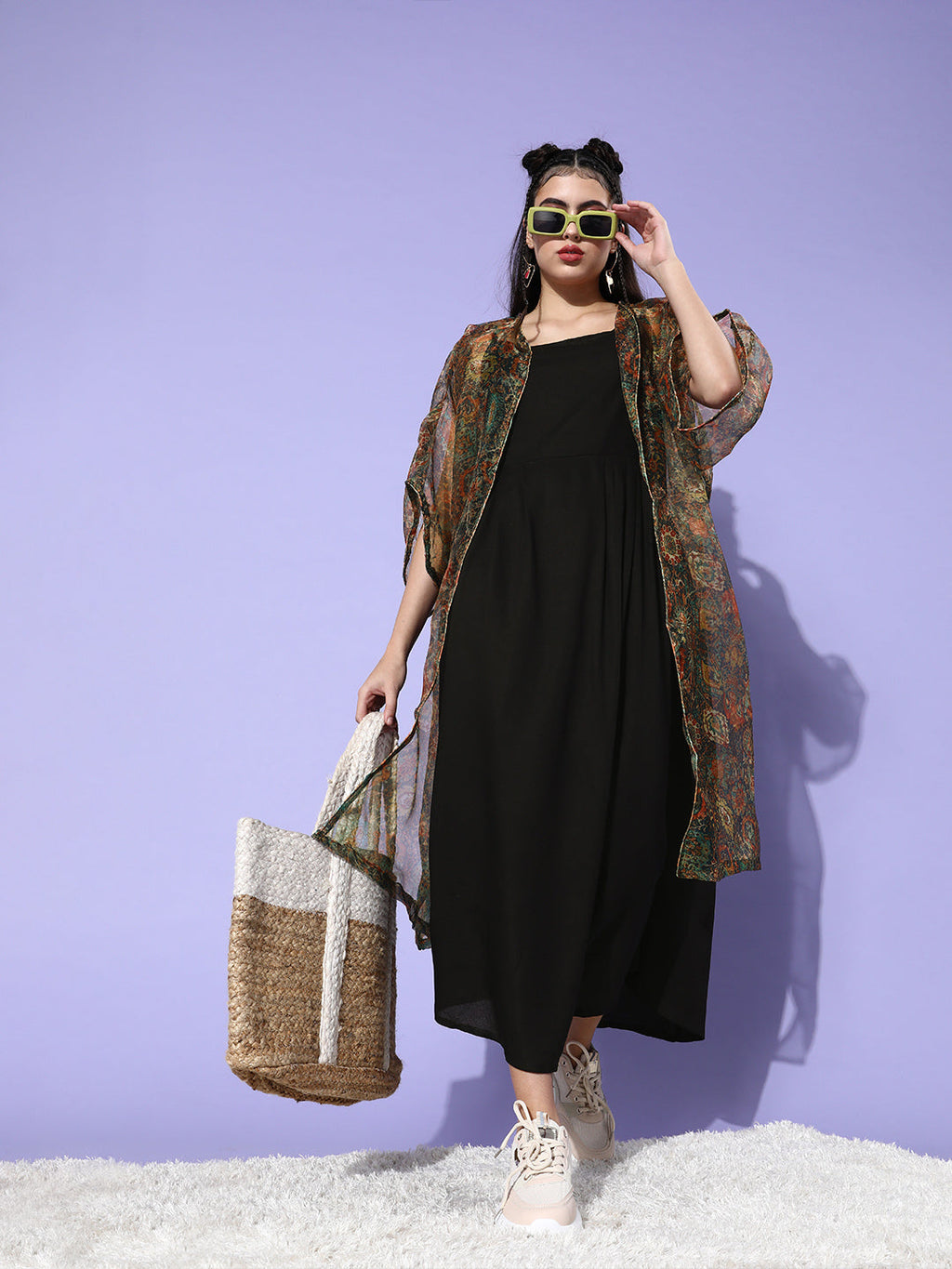 InWeave Black - Multi Print Organza Cape Set | Grocsy