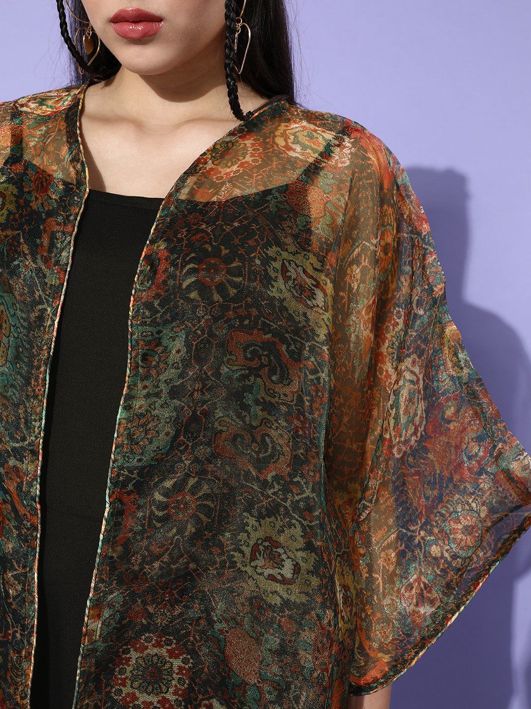 InWeave Black - Multi Print Organza Cape Set | Grocsy