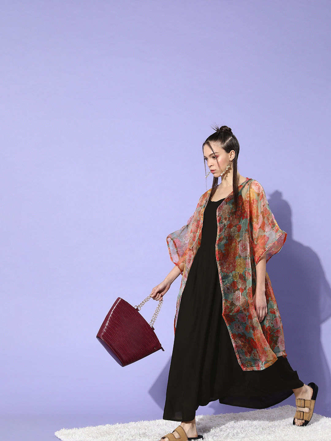 InWeave Black -Orange Organza Cape Set | Grocsy
