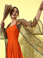 InWeave Orange - Multi Printed Organza Cape Set | Grocsy