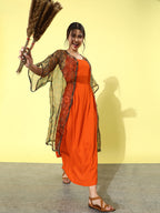 InWeave Orange - Multi Printed Organza Cape Set | Grocsy