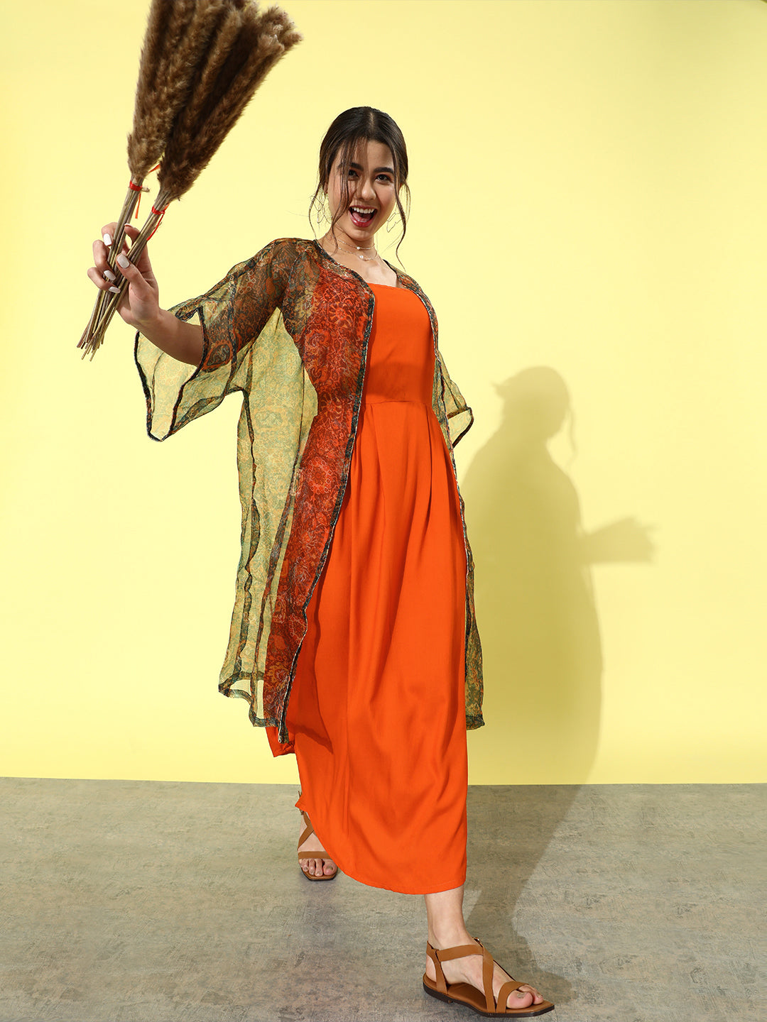 InWeave Orange - Multi Printed Organza Cape Set | Grocsy