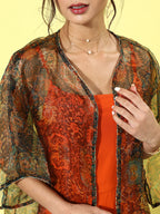 InWeave Orange - Multi Printed Organza Cape Set | Grocsy