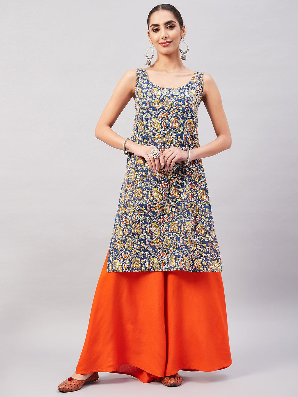 InWeave Women's Blue Kalamkari Straight Kurta Palazzo Set | Grocsy