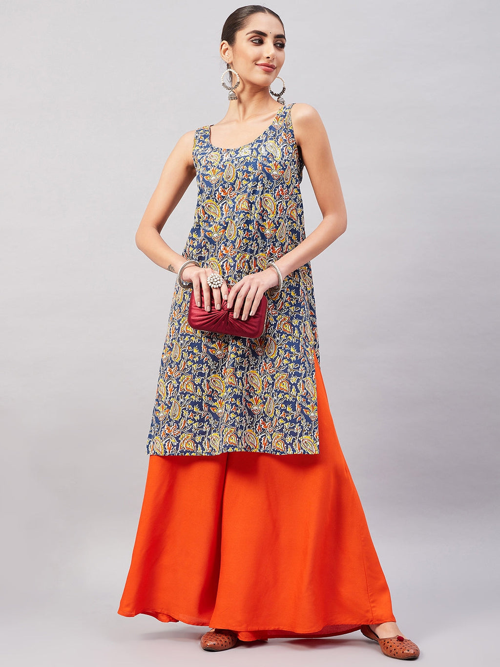 InWeave Women's Blue Kalamkari Straight Kurta Palazzo Set | Grocsy