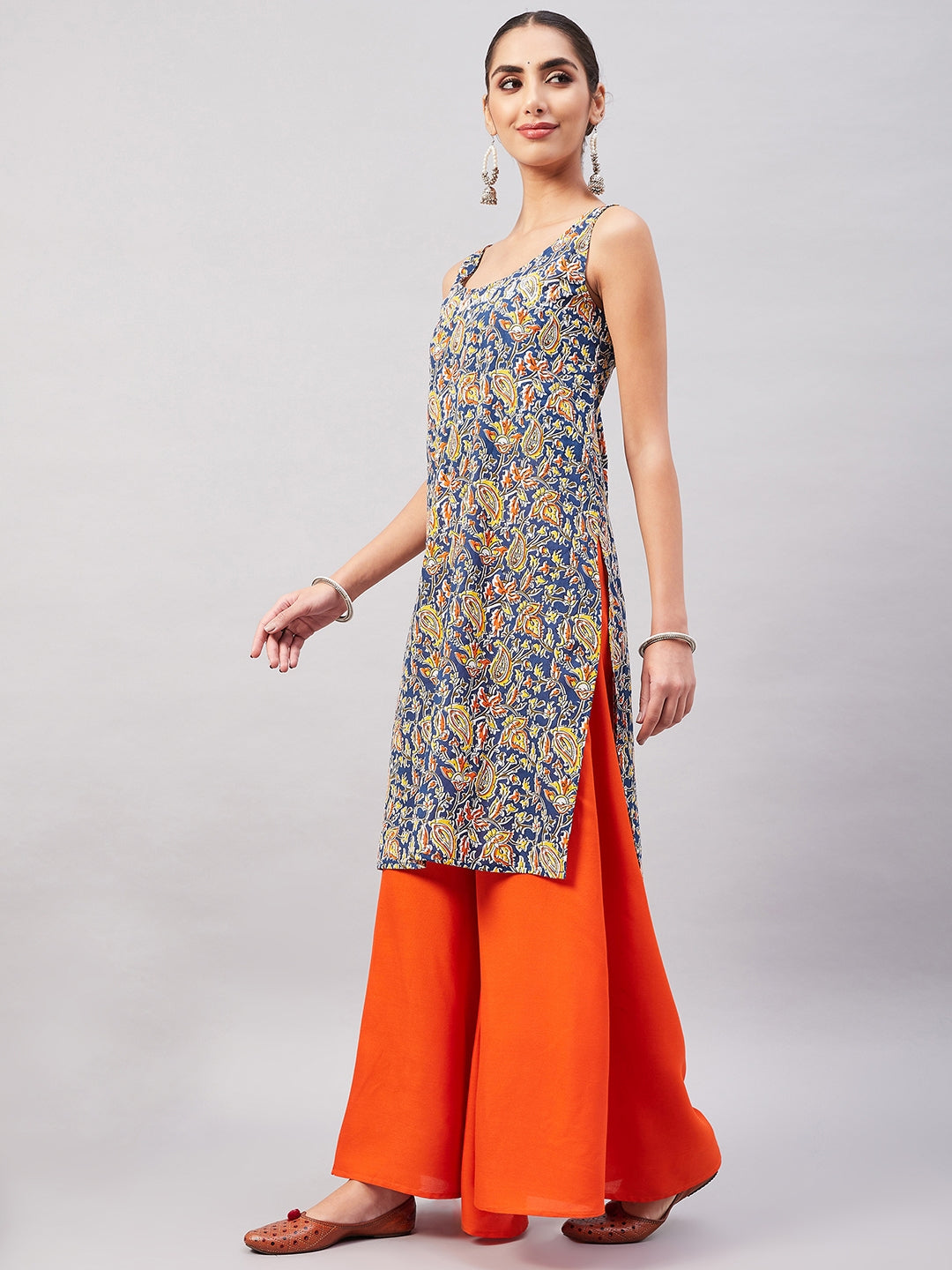 InWeave Women's Blue Kalamkari Straight Kurta Palazzo Set | Grocsy