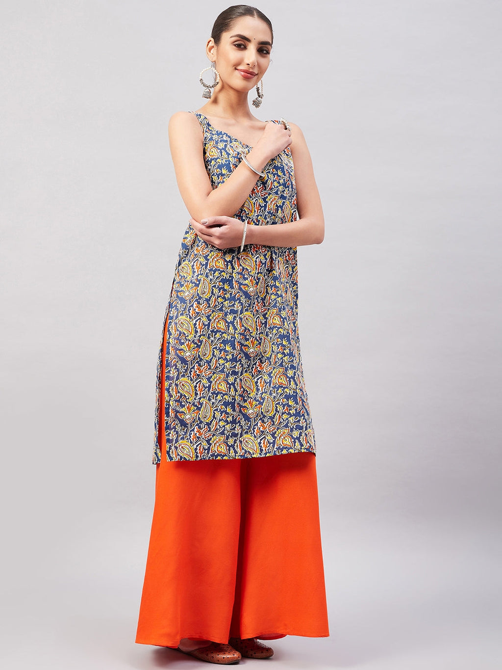InWeave Women's Blue Kalamkari Straight Kurta Palazzo Set | Grocsy