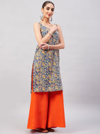 InWeave Women's Blue Kalamkari Straight Kurta Palazzo Set | Grocsy
