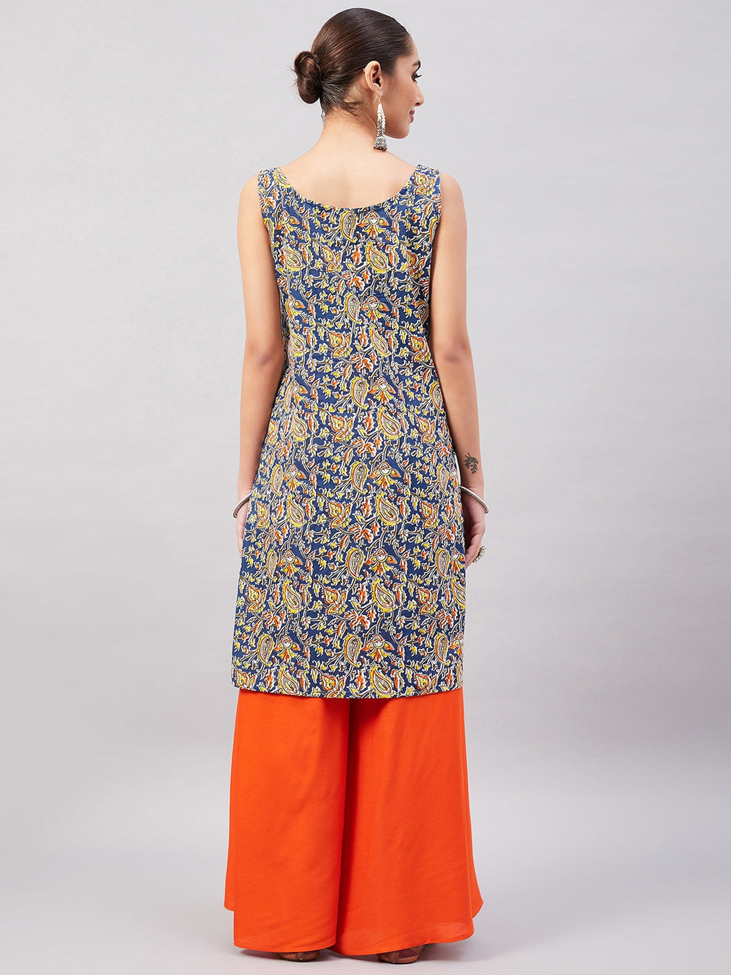 InWeave Women's Blue Kalamkari Straight Kurta Palazzo Set | Grocsy