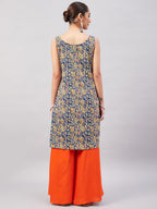 InWeave Women's Blue Kalamkari Straight Kurta Palazzo Set | Grocsy